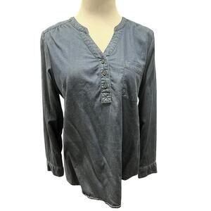 Denim & Co. Stretch Y-Neck Long-Sleeve Dark Wash Chambray Blouse SIZE Large